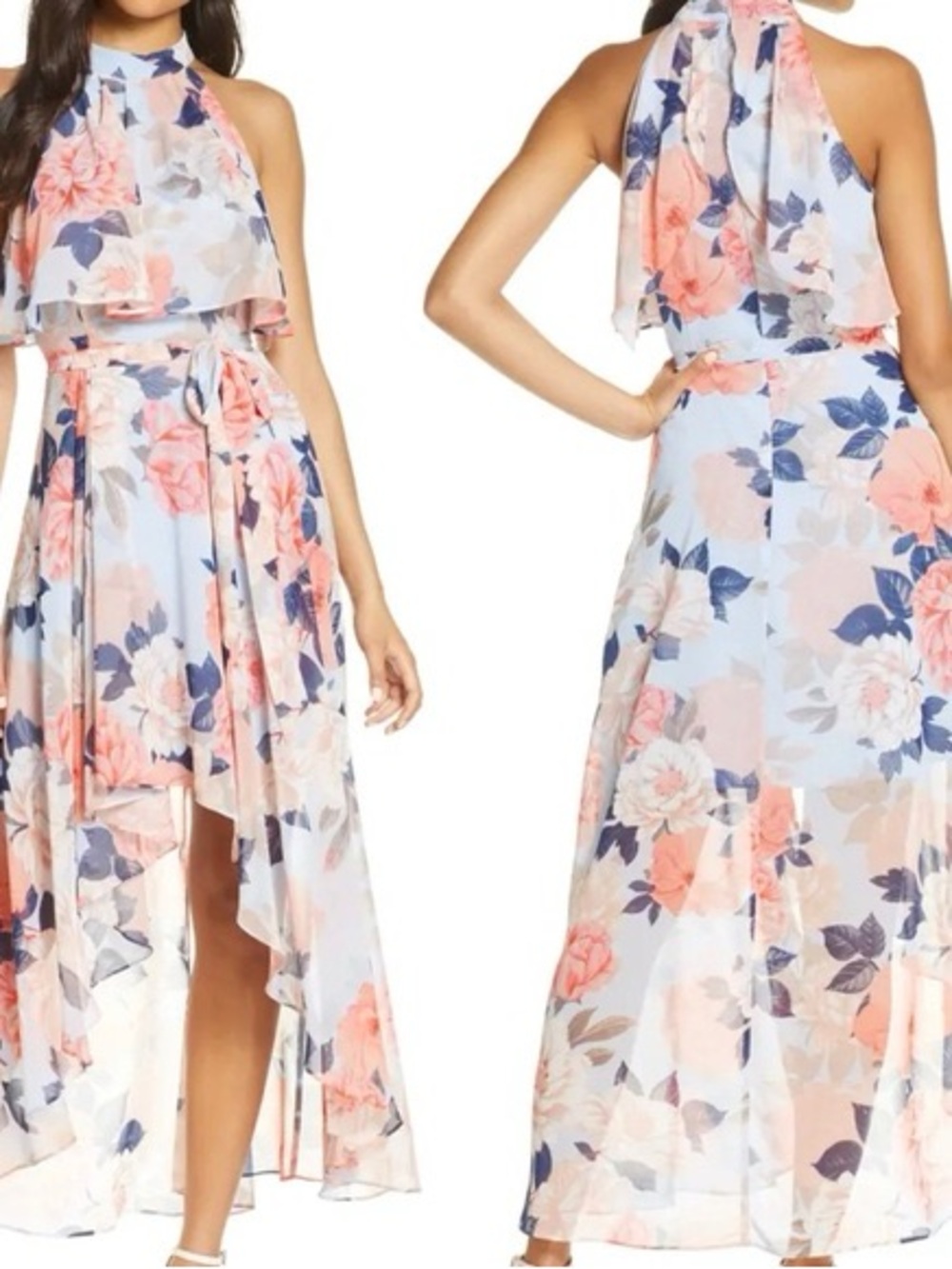 Eliza J Floral High-Low Halter Dress in Light Blue, Coral, Navy